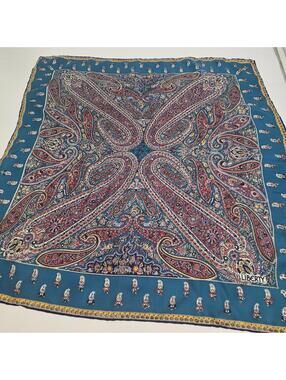 Liberty All Silk Scarf Made in England Blue Paisley Floral 26” Square Vintage